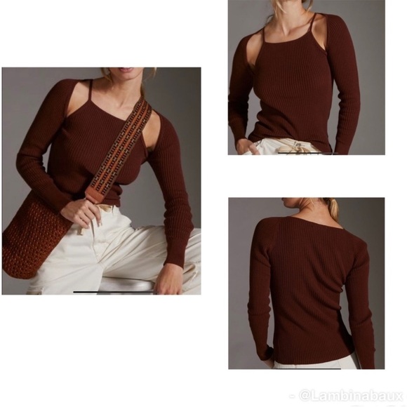 by Anthropologie Brown Ribbed Double Cut Out Knit Sweater Cinnamon Size M - Picture 15 of 15